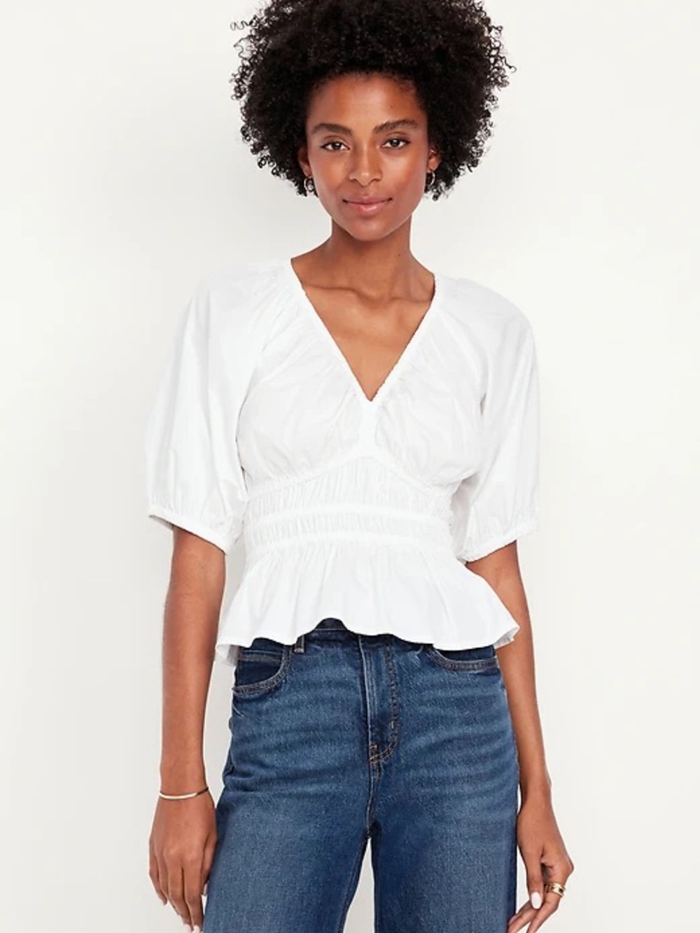 Old Navy White Puff-Sleeve Smocked V-Neck Top